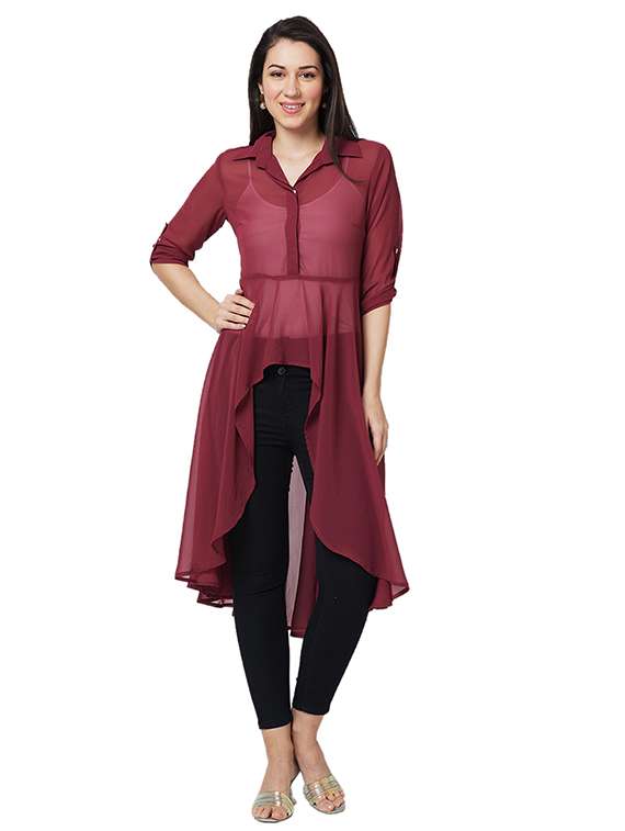 women solid collared roll up sleeves high-low top - 21840250 - Standard Image - 4