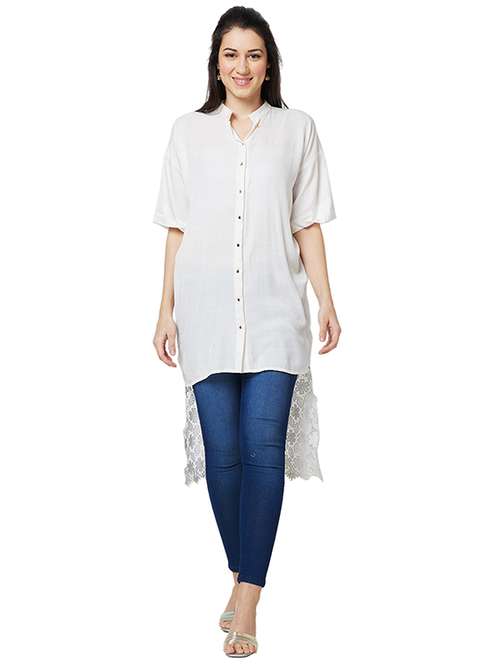 women mandarin collar lace detailed high-low tunic