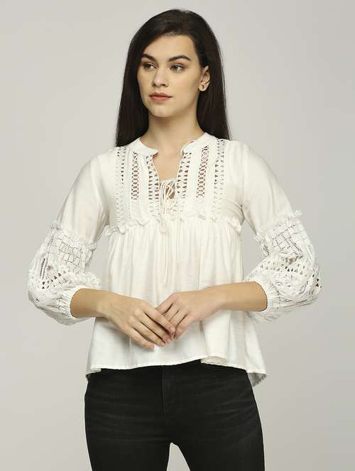 women lace detailed puff sleeves a-line top - 21840268 -  Standard Image - 0