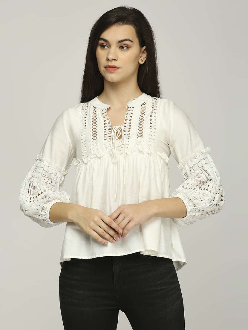 women lace detailed puff sleeves a-line top - 21840268 -  Zoom Image - 0