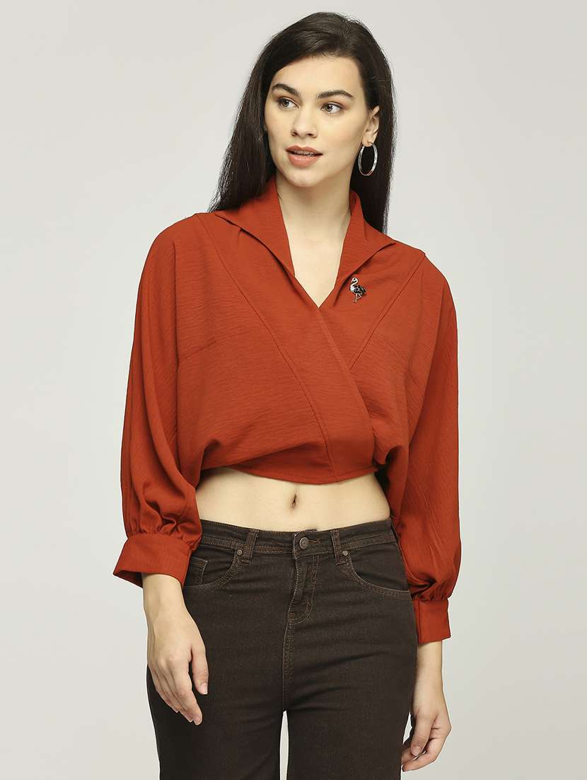 women solid puff sleeves collared crop top