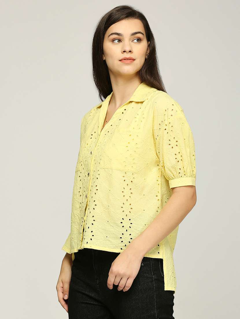 women puff sleeves collared schiffli high low top - 21840271 -  Standard Image - 1