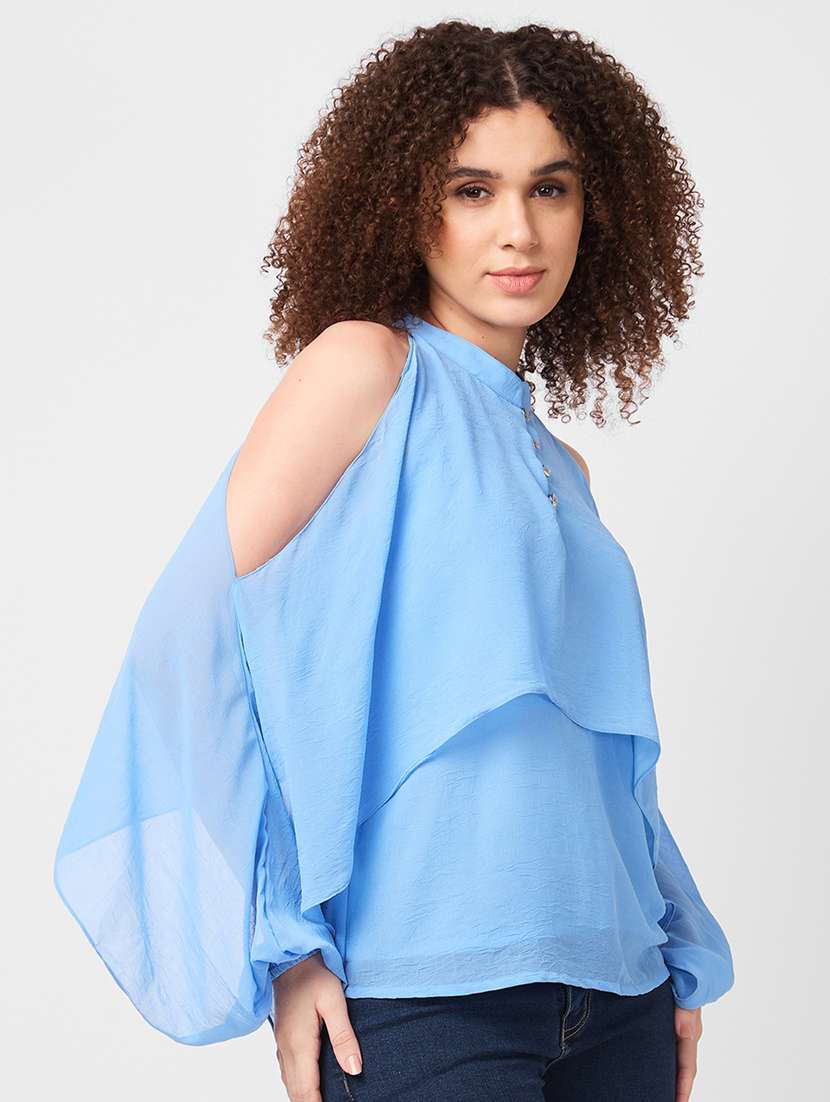 women solid cold shoulder regular top - 21840293 -  Standard Image - 1