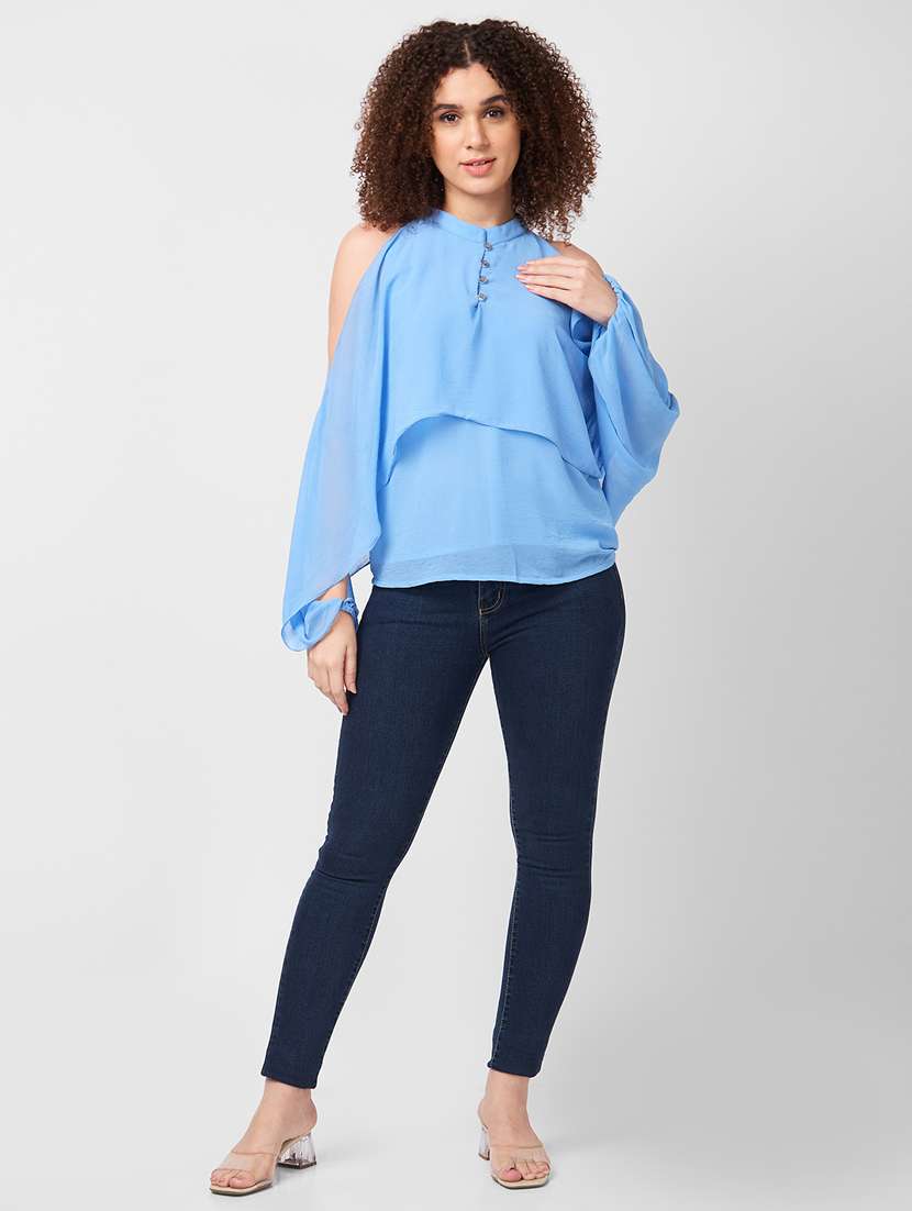 women solid cold shoulder regular top - 21840293 -  Standard Image - 4