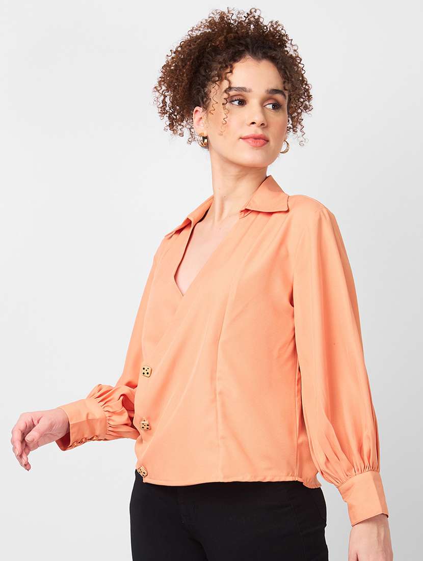 women solid puff sleeves regular top - 21840294 -  Standard Image - 1