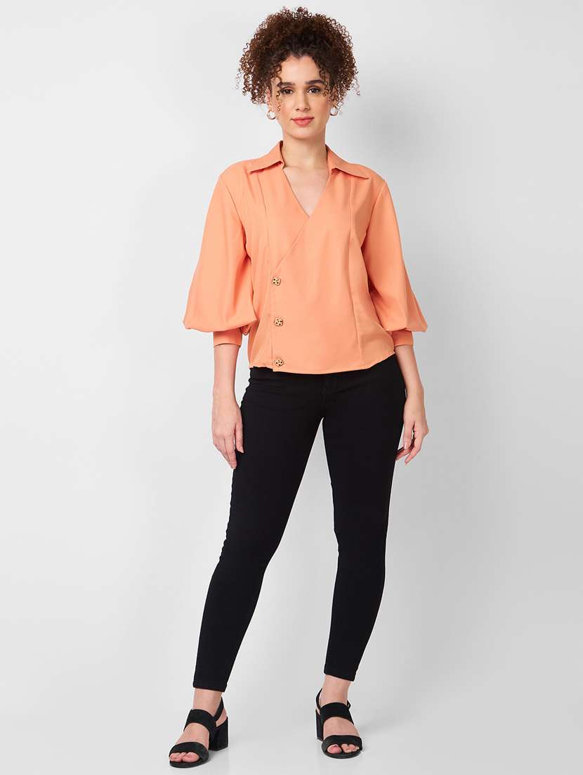 women solid puff sleeves regular top - 21840294 -  Standard Image - 4