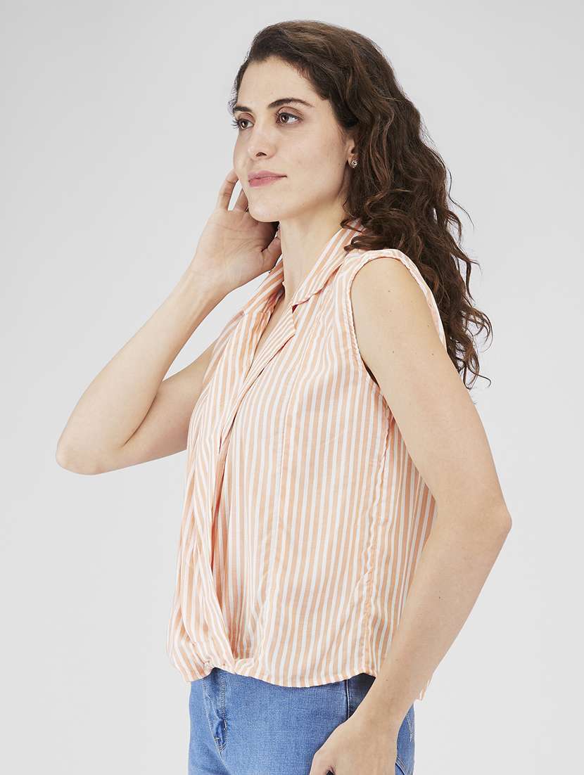 women striped lapel collared sleeveless top - 21840302 - Standard Image - 1