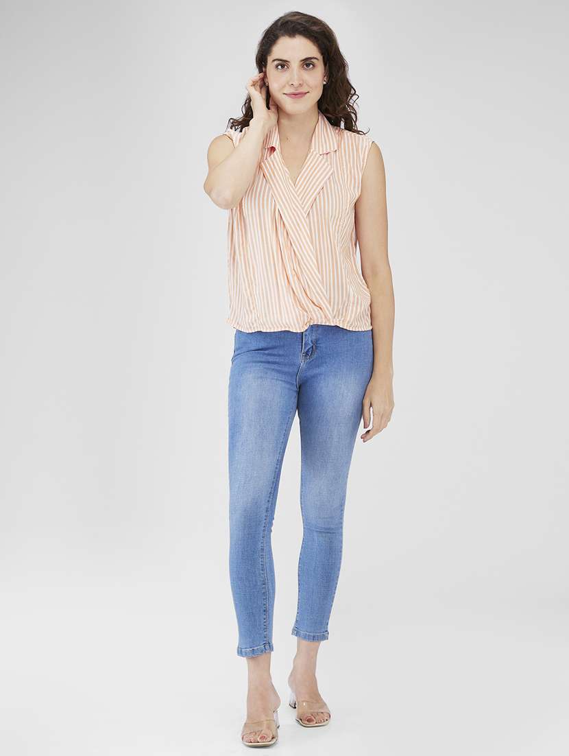 women striped lapel collared sleeveless top - 21840302 - Standard Image - 4