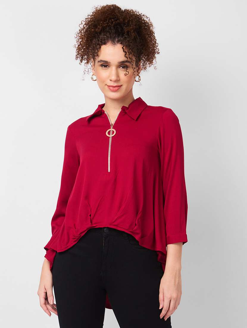 women solid collared high-low top