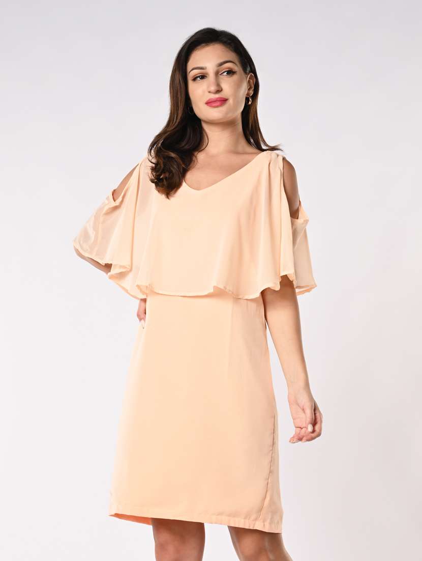 women solid cape sleeves a-line dress - 21840319 -  Standard Image - 1