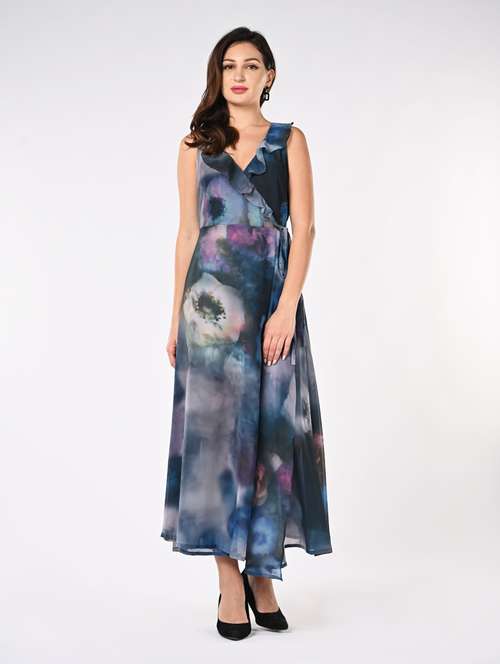 women printed sleevless wrap dress - 21840335 - Standard Image - 0