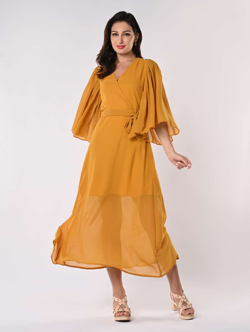 women solid flared sleeves a-line dress