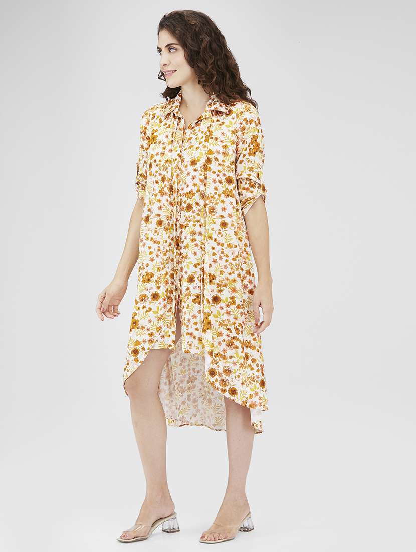 women floral printed roll up sleeves high low dress - 21840366 -  Standard Image - 1