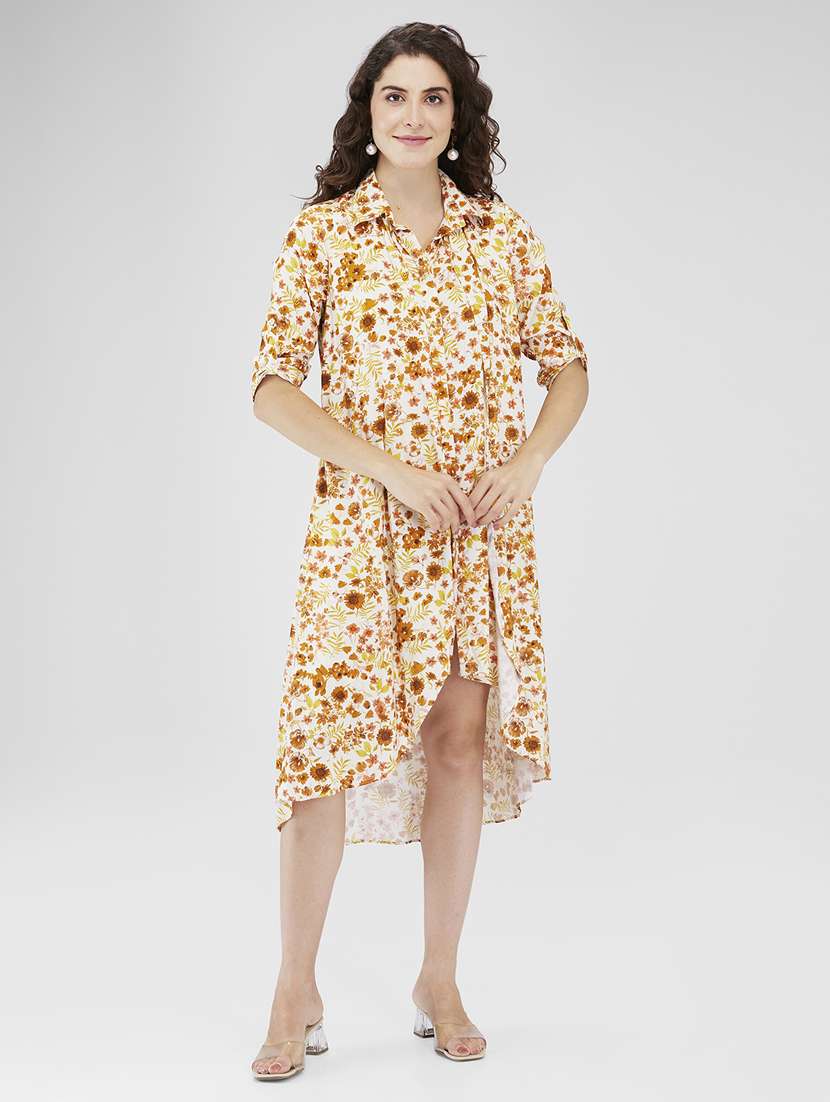 women floral printed roll up sleeves high low dress - 21840366 -  Standard Image - 4