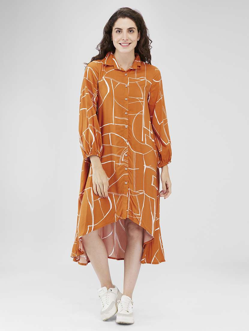 women printed collared high low dress - 21840371 - Zoom Image - 0