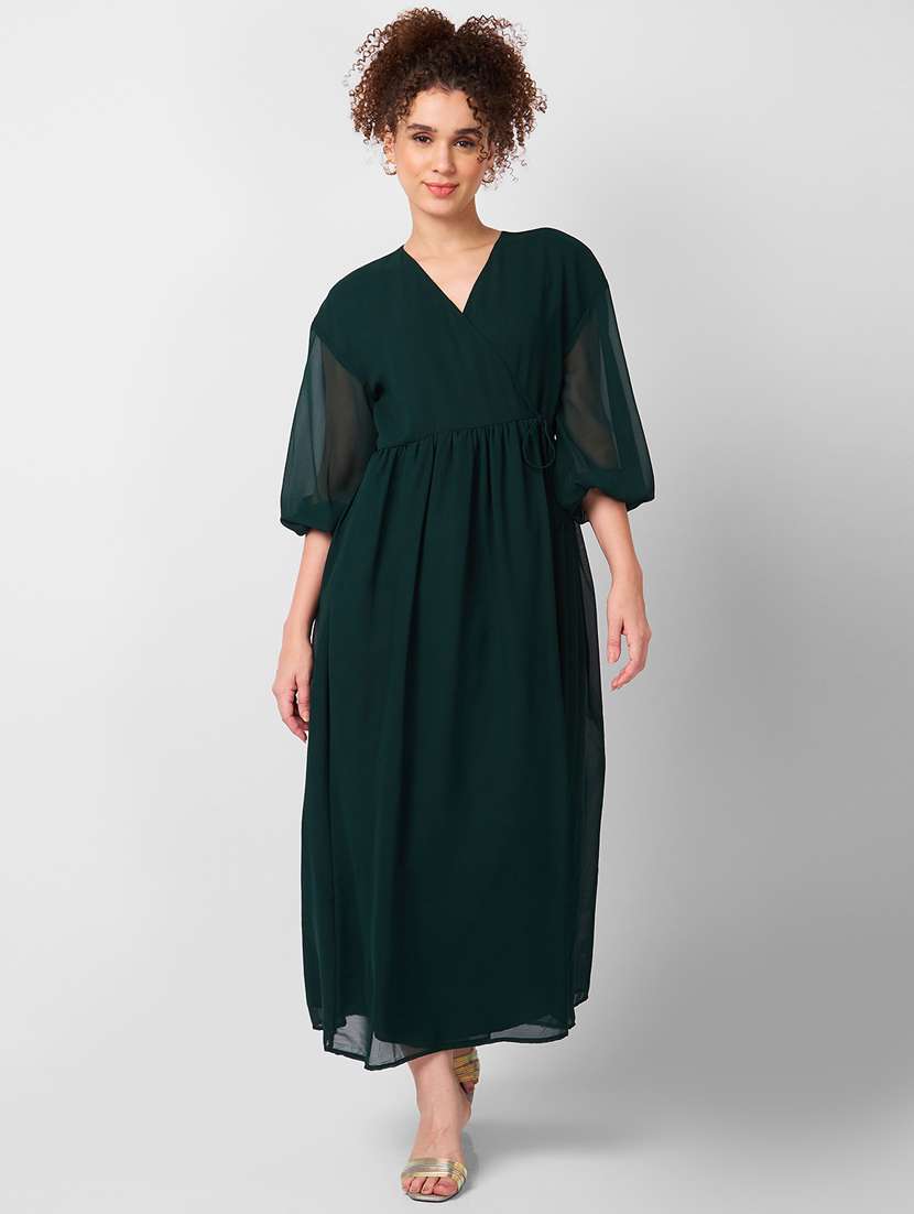 women solid overlap neck fit & flare dress - 21840401 - Zoom Image - 0