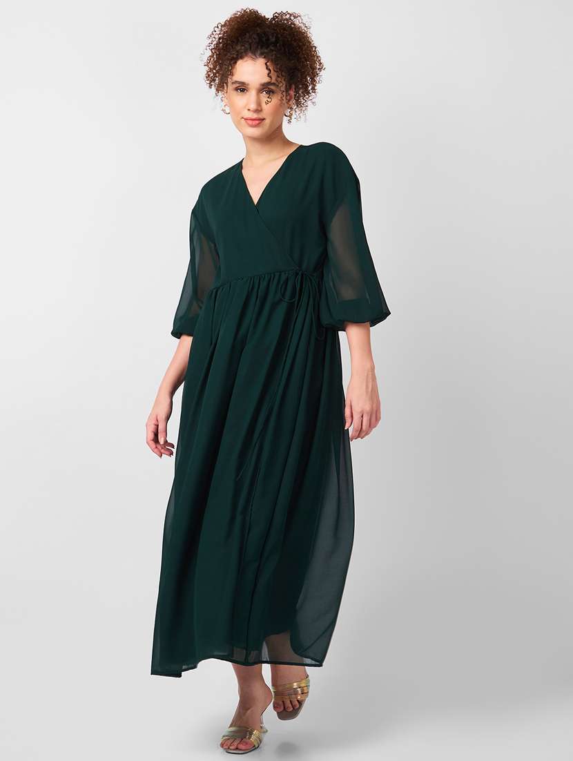 women solid overlap neck fit & flare dress - 21840401 -  Standard Image - 1