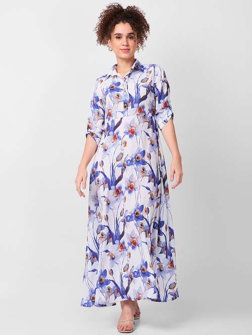 women floral print roll up sleeves fit & flare dress - 21840415 -  Standard Image - 0