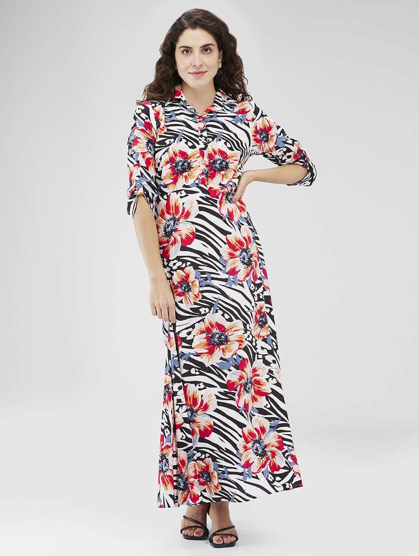 women floral print roll-up sleeves a-line dress - 21840417 -  Zoom Image - 0