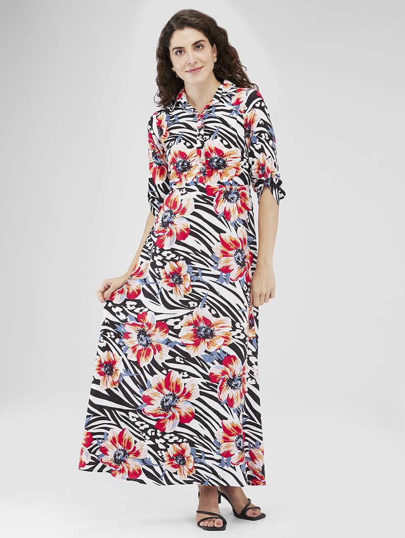 women floral print roll-up sleeves a-line dress - 21840417 -  Standard Image - 1