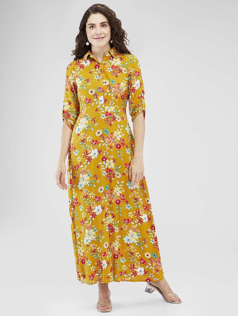 women floral printed collared a-line dress