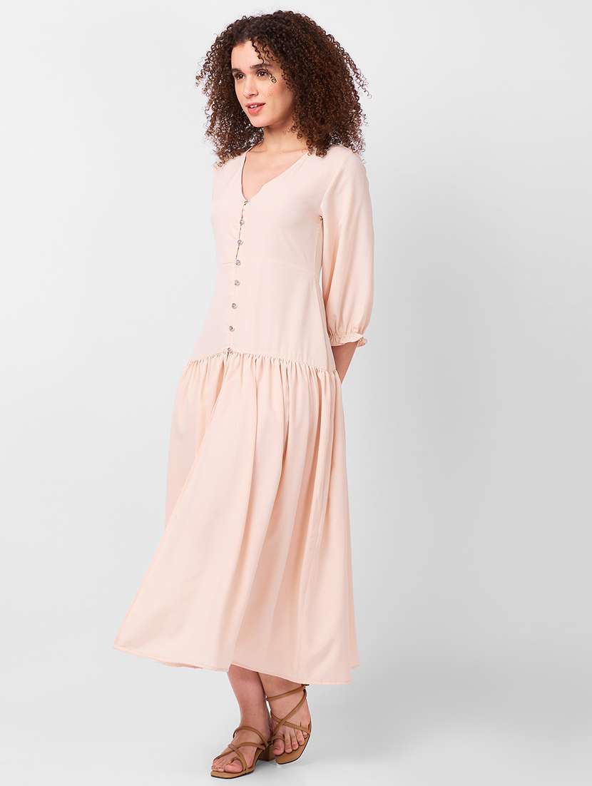 women solid puff sleeves tiered dress - 21840422 -  Standard Image - 1
