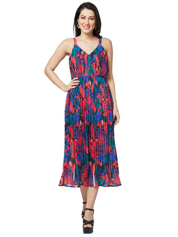 women printed shoulder strap a-line dress