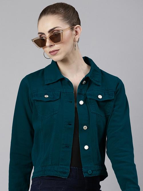 women solid collared denim jacket - 21840567 -  Standard Image - 0