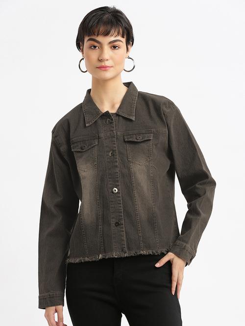 women solid collared denim jacket - 21840568 -  Standard Image - 0