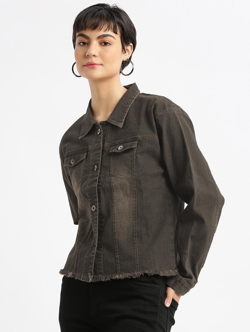 women solid collared denim jacket - 21840568 -  Standard Image - 1