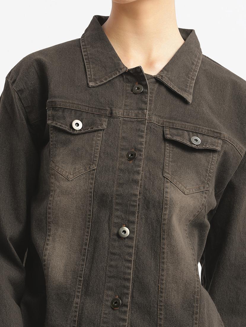 women solid collared denim jacket - 21840568 - Standard Image - 4