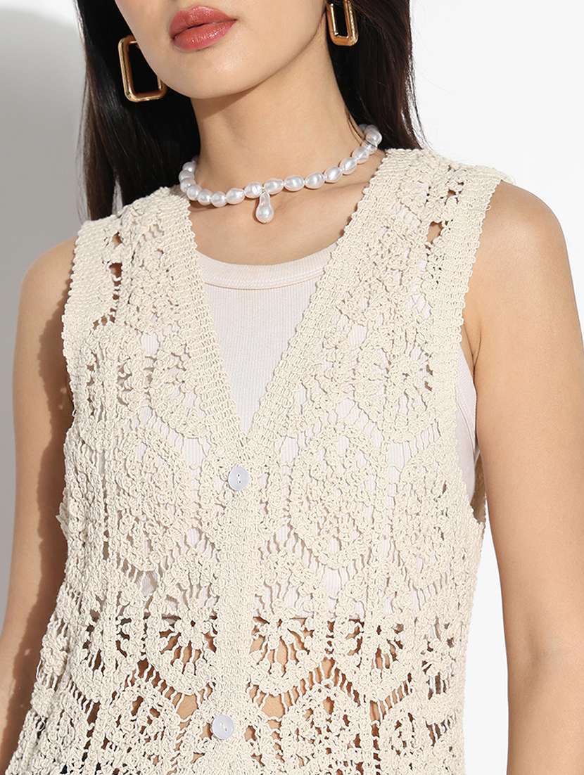 women crochet detailed sleeveless long shrug - 21840577 -  Standard Image - 4