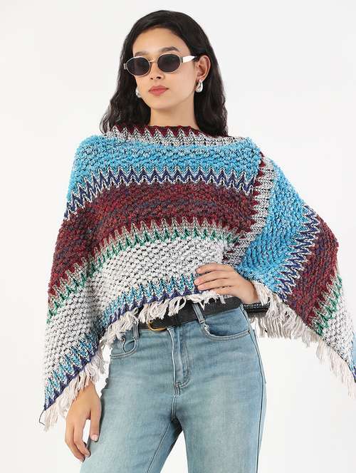 women self designed fringed detailed poncho - 21840589 -  Standard Image - 0