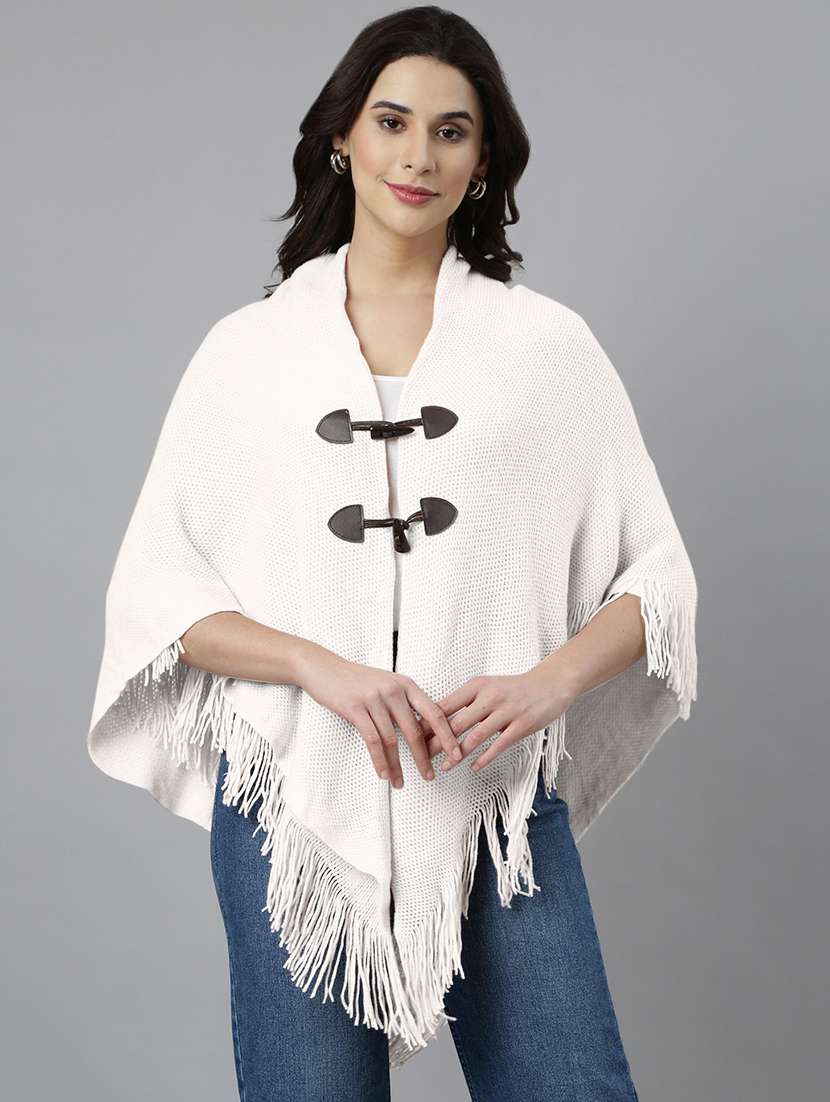 women solid fringed detailed hooded poncho - 21840595 -  Zoom Image - 0