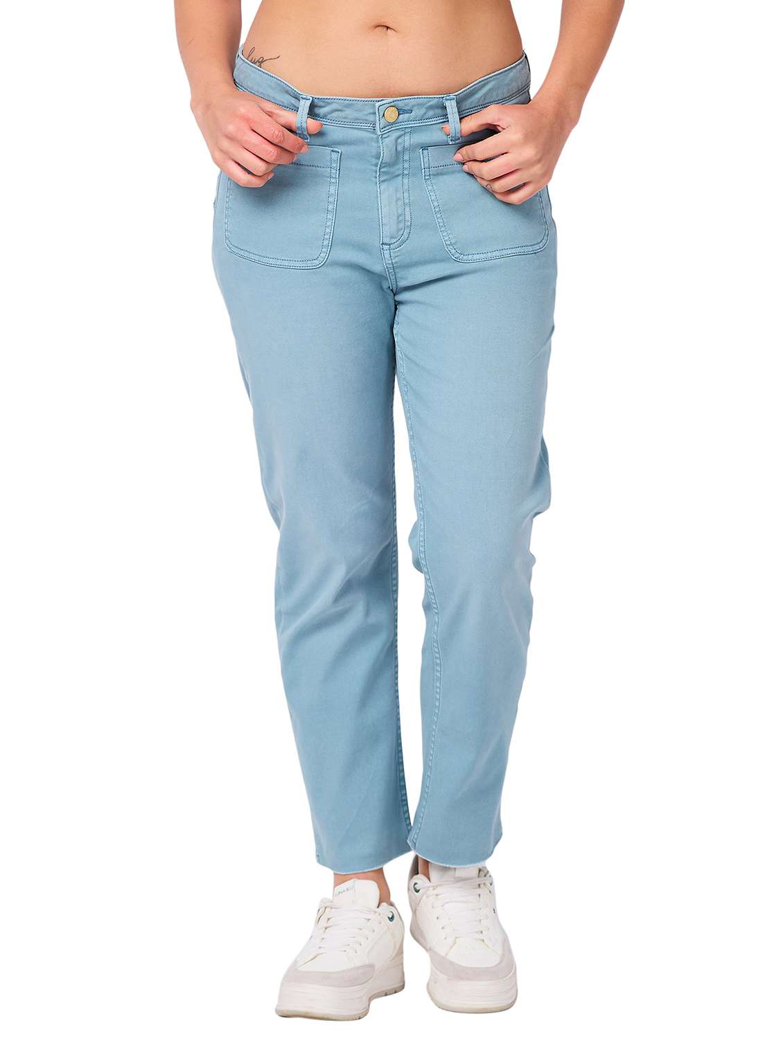 women solid mid rise straight fit jean