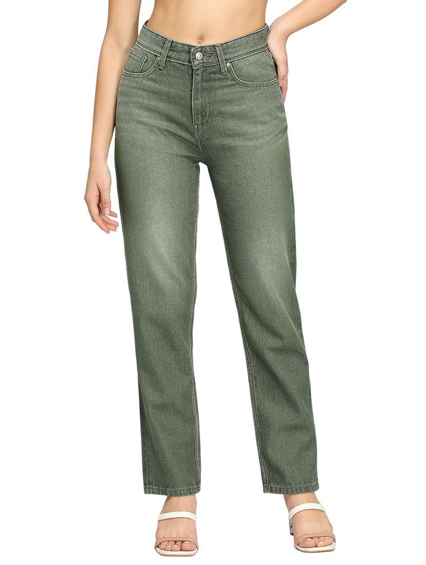 women solid mid rise straight fit jean
