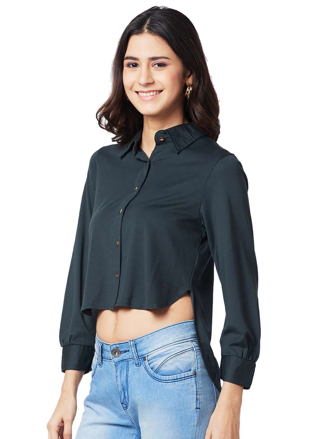 women teal solid collared high low shirt - 21840666 -  Standard Image - 1