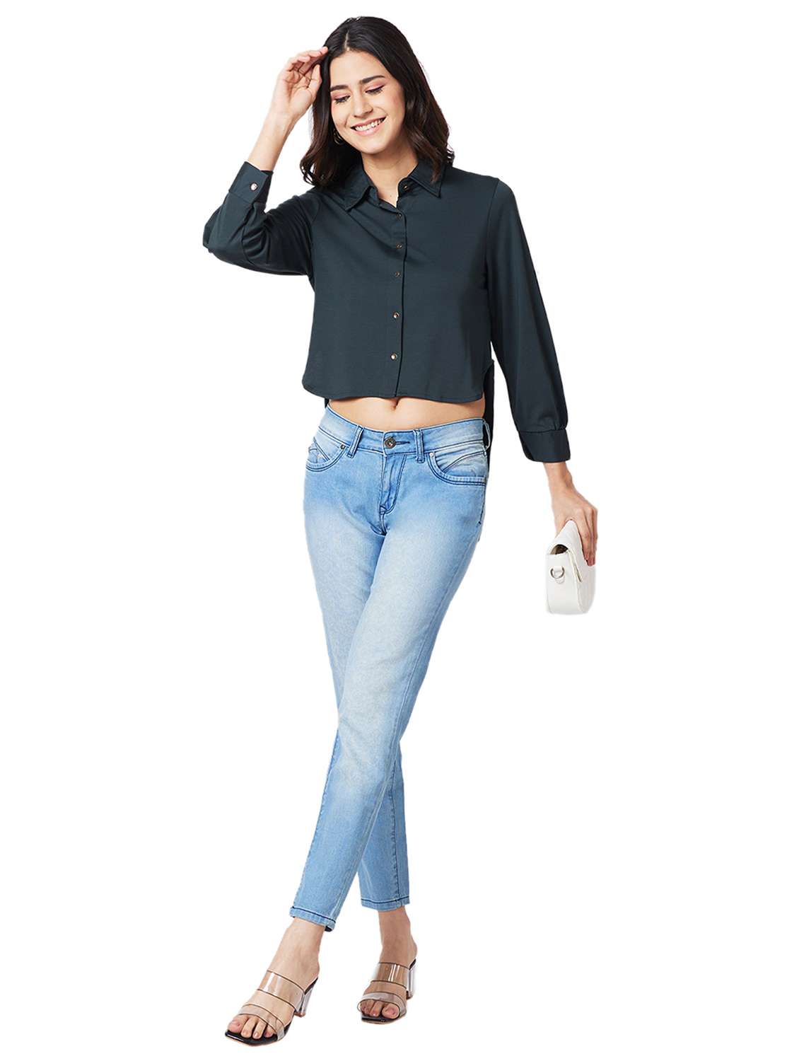 women teal solid collared high low shirt - 21840666 -  Standard Image - 4