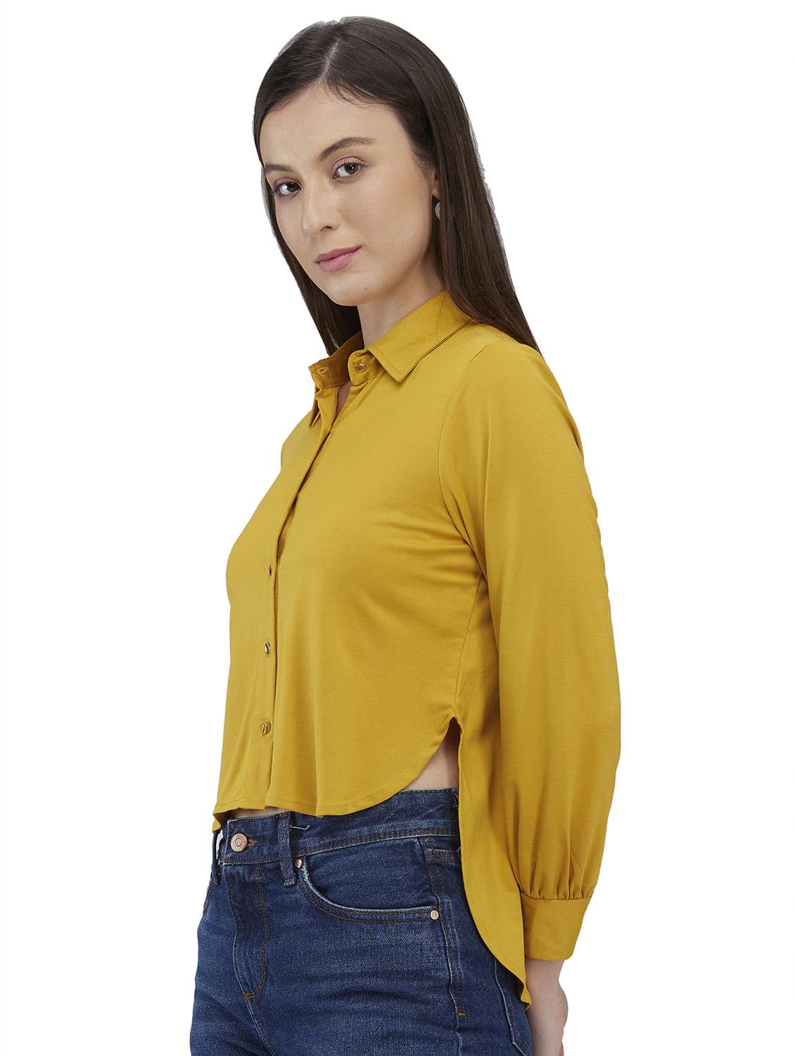 women mustard solid collared high low shirt - 21840667 - Standard Image - 1
