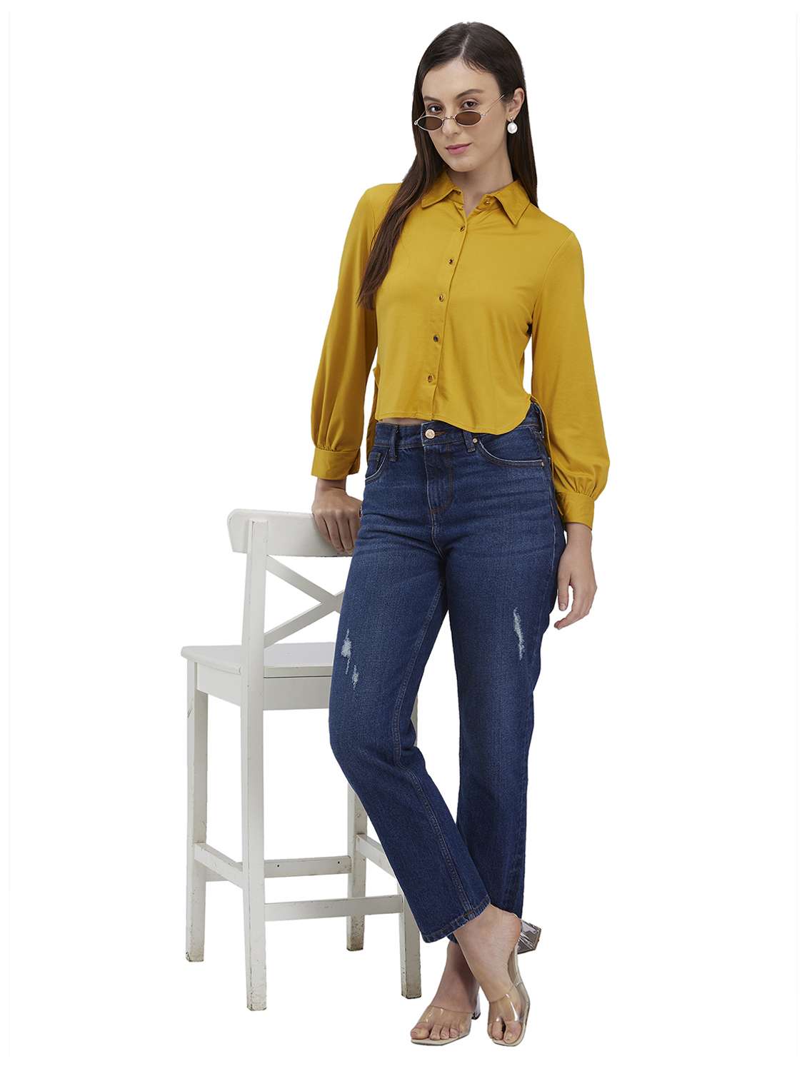 women mustard solid collared high low shirt - 21840667 - Standard Image - 4