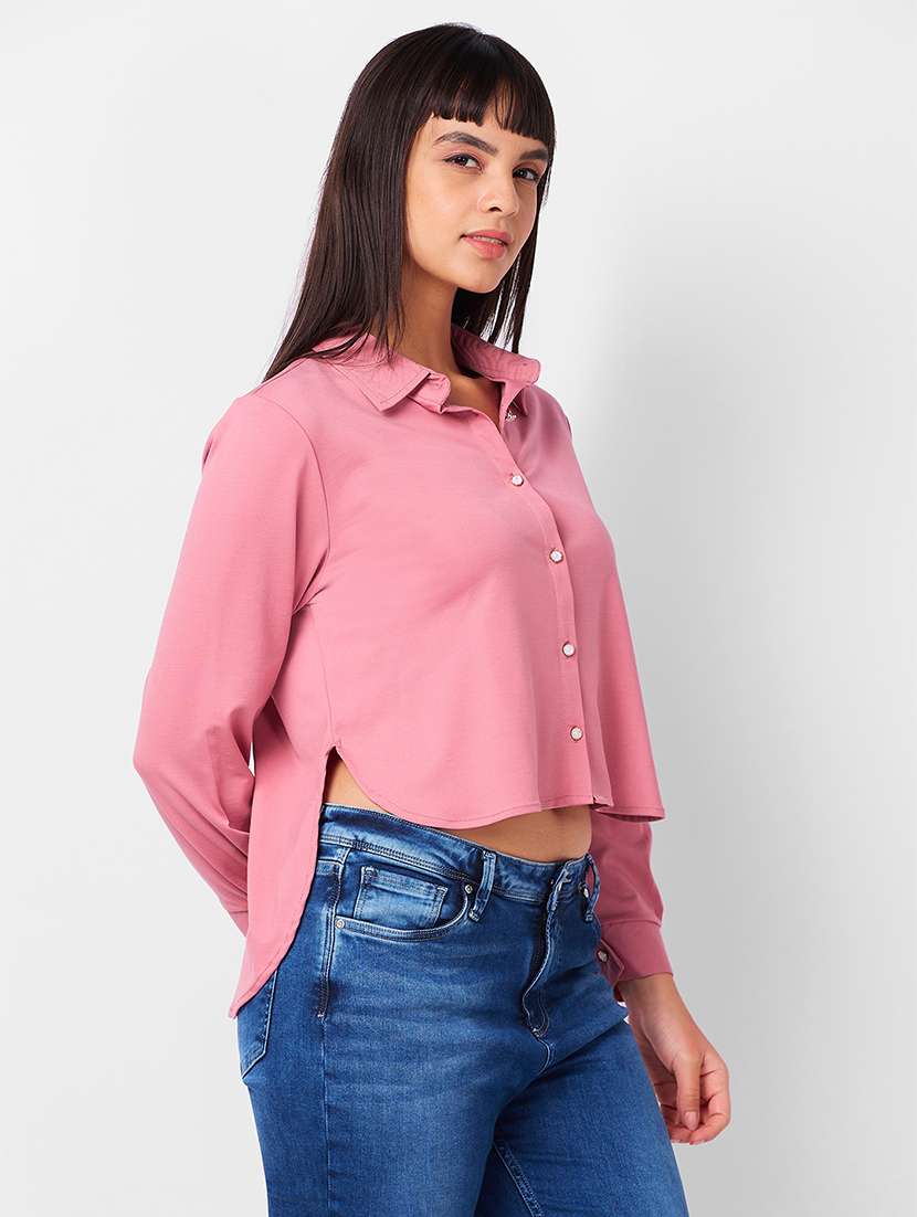 women pink solid long sleeve high-low shirt - 21840672 -  Standard Image - 1