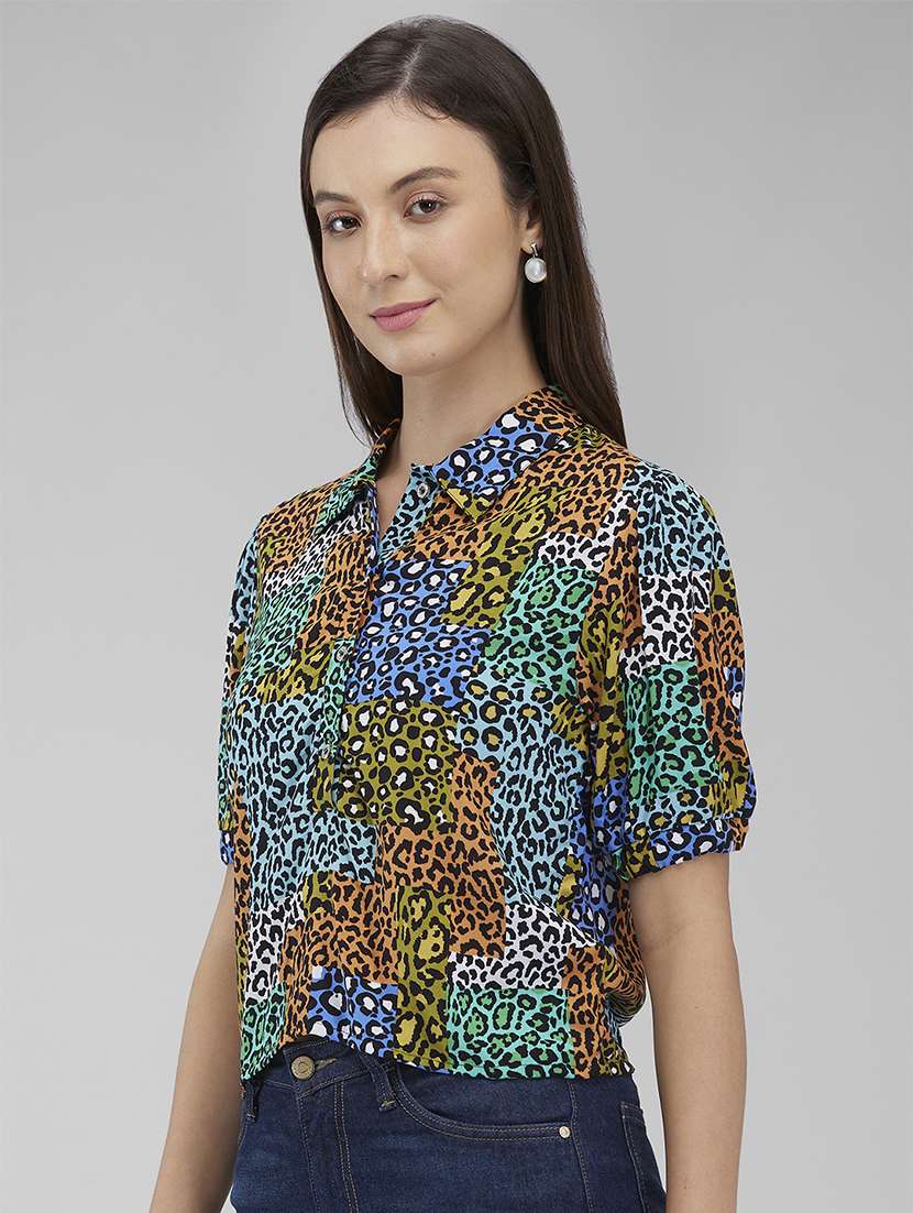 women animal printed collaredpuff sleeves top - 21840674 -  Standard Image - 1