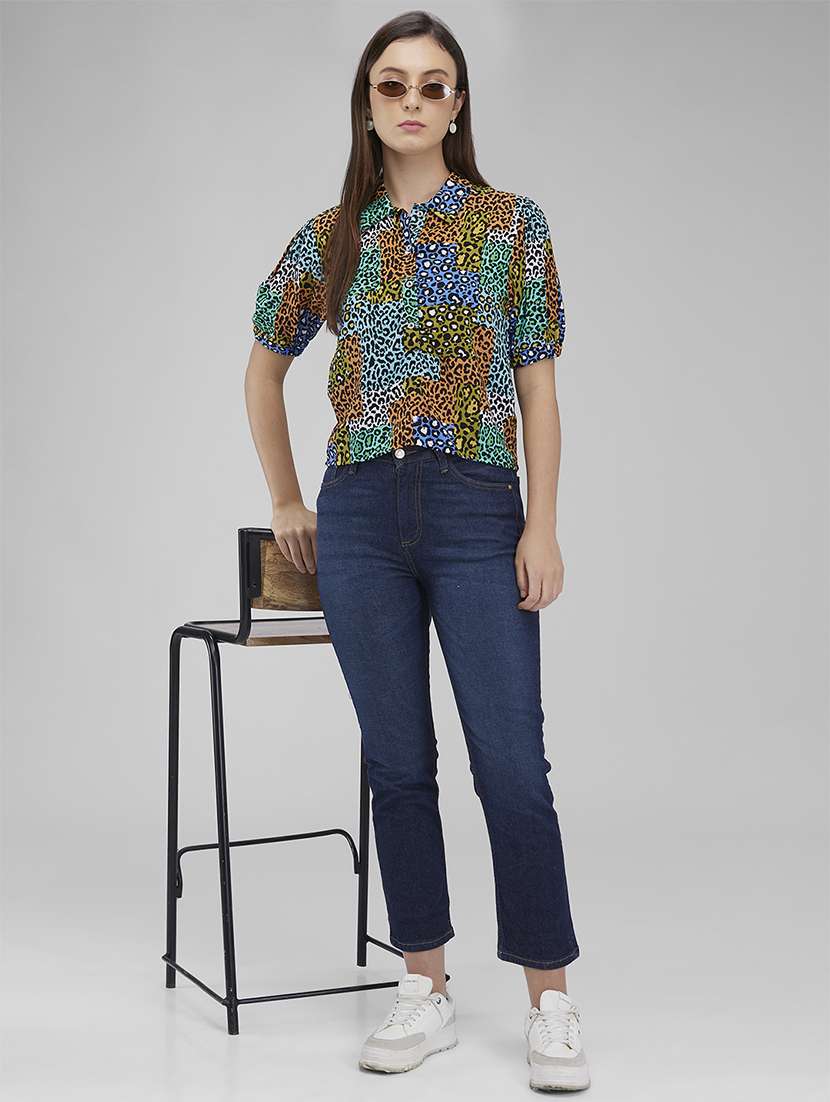 women animal printed collaredpuff sleeves top - 21840674 -  Standard Image - 4