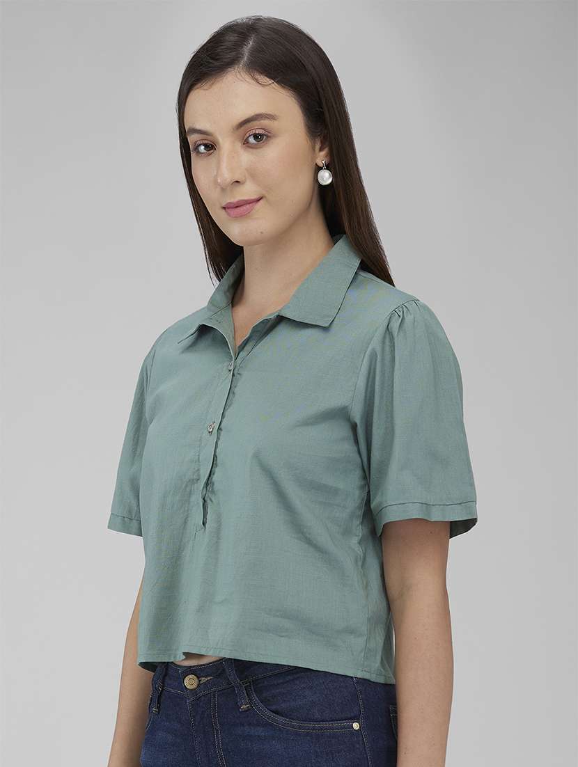 women solid collared short sleeves top - 21840675 - Standard Image - 1