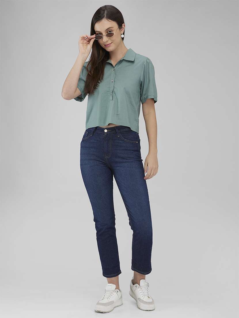 women solid collared short sleeves top - 21840675 - Standard Image - 4