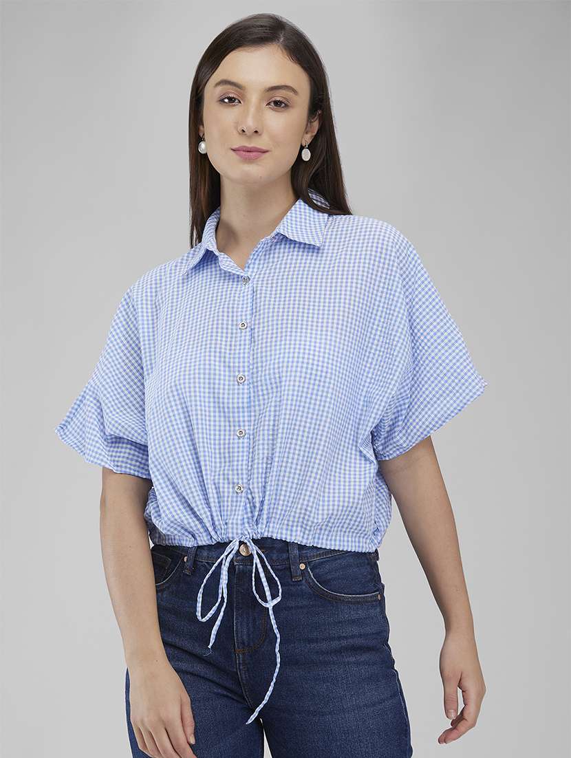 women light blue checkered short sleeve shirt