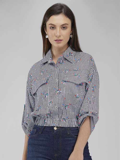 women striped collared crop shirt - 21840682 -  Standard Image - 0