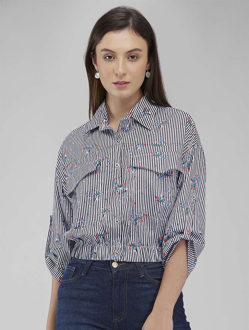 women striped collared crop shirt
