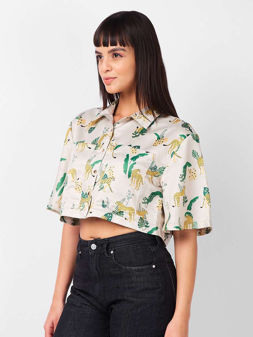 women beige printed collared crop shirt - 21840688 -  Standard Image - 1