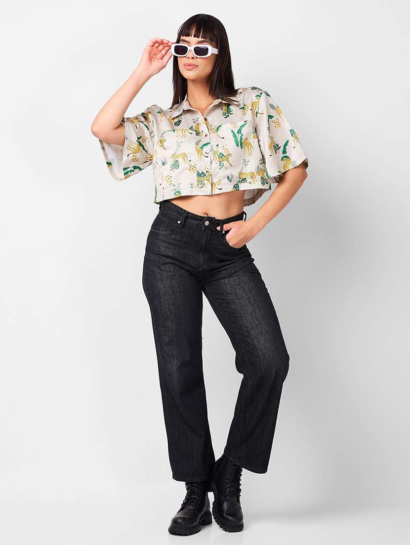 women beige printed collared crop shirt - 21840688 -  Standard Image - 4